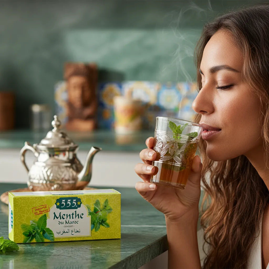 Femme dégustant une infusion de thé menthe sèche NANA 555 dans un verre marocain, avec théière traditionnelle en arrière-plan.